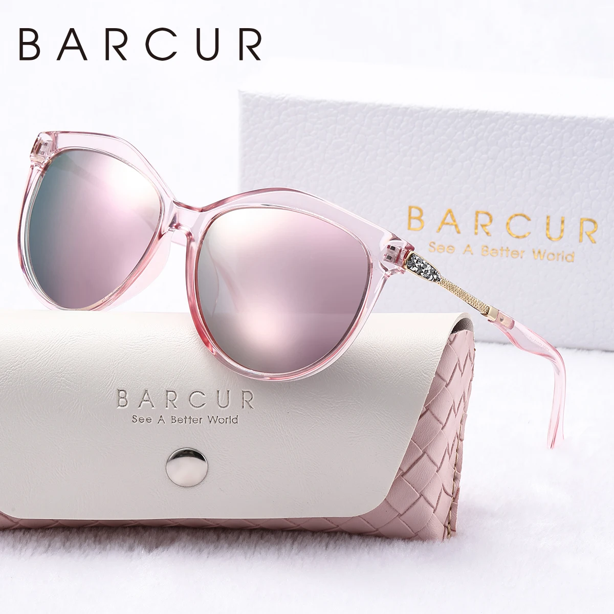BARCUR Runde polarisierte Sonnenbrille, modisch, ultraleicht, Katzenauge, PC-Rahmen, mehrere Farben, wählen Sie Damen-Sonnenbrillen, Geschenkbox-Paket – Detail 1