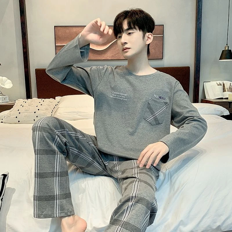 

2026 Spring Autumn Long Sleeve Casual Plaid Cotton Pajama Sets for Men Korean Loose Sleepwear Pyjamas Male Homewear Home Clothes