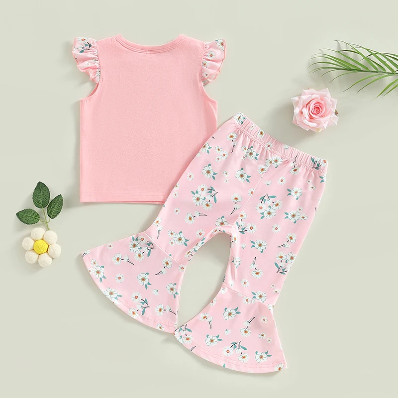 Girls Flare Outfit Strap Ruffle Button Crop Cami Top Bell-Bottoms Leggings Pants Summer Toddler Hippie Outfit