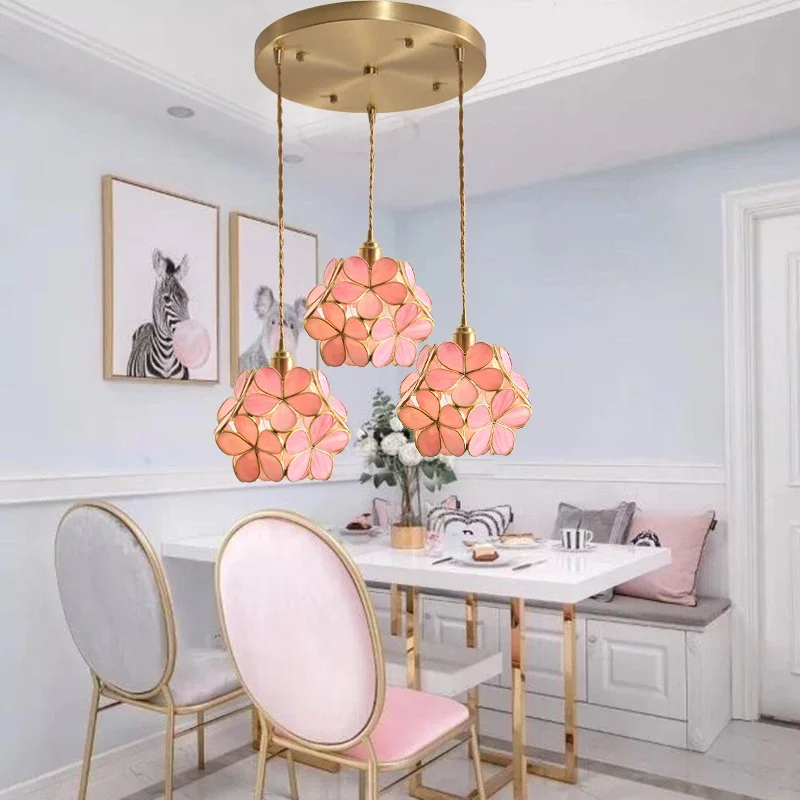 NEW Lamp Three-Head Bar Counter Small Droplight Dining-Room Lamp Copper Petals Pastoral Chandelier  led light