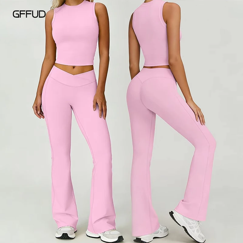 Women's 2 Piece Workout Set Sleeveless Top + Cross Waist Yoga Flare Pants High Waisted Tummy Control Athletic Gym Outfits