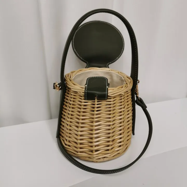 Women\'s Handbag Drowstring Straw Beach Bag Summer Woven Bucket Crossbody Shoulder Bags Bohemian Female Handmade Rattan Tote