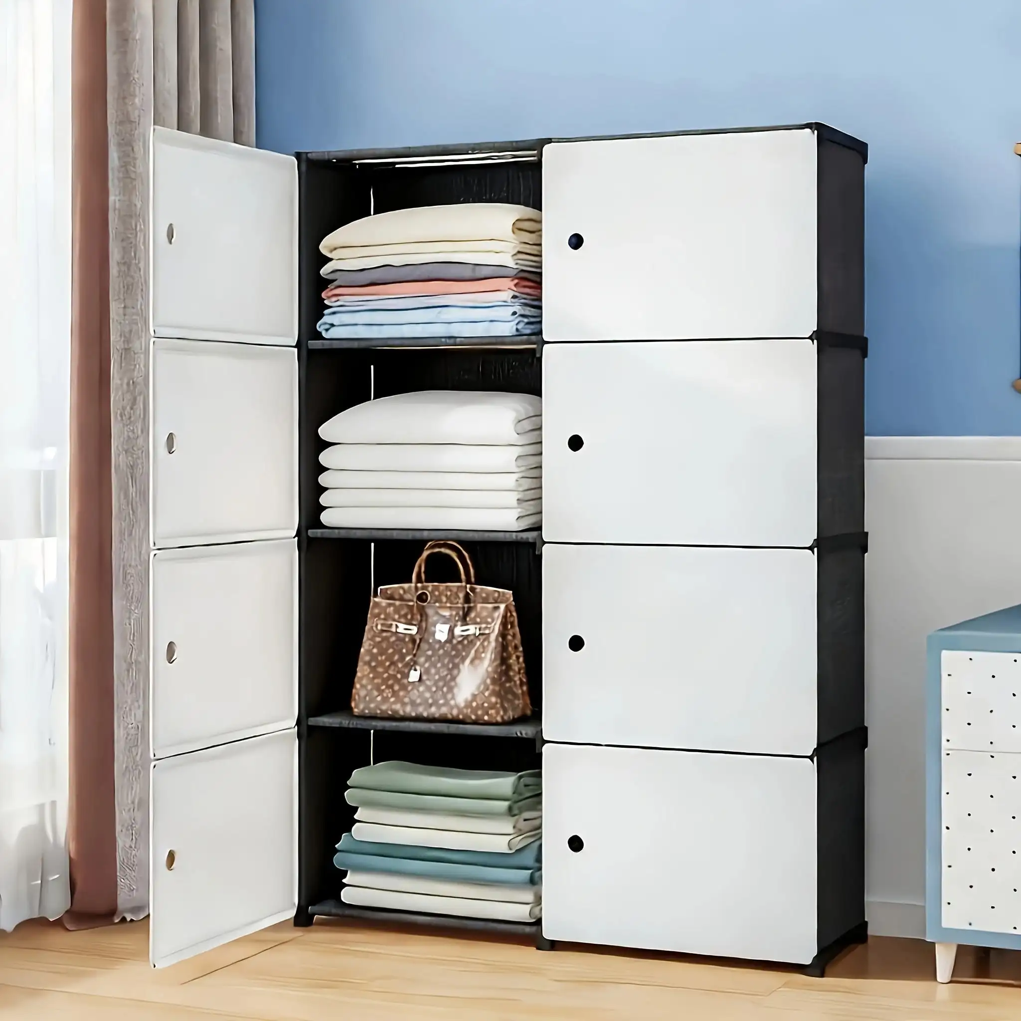 3-Tier 6-Door / 4-Tier 8-Door Foldable Double-Door Storage Cabinet – Modern Minimalist Multi-Scene Organizer For Bedroom, Living