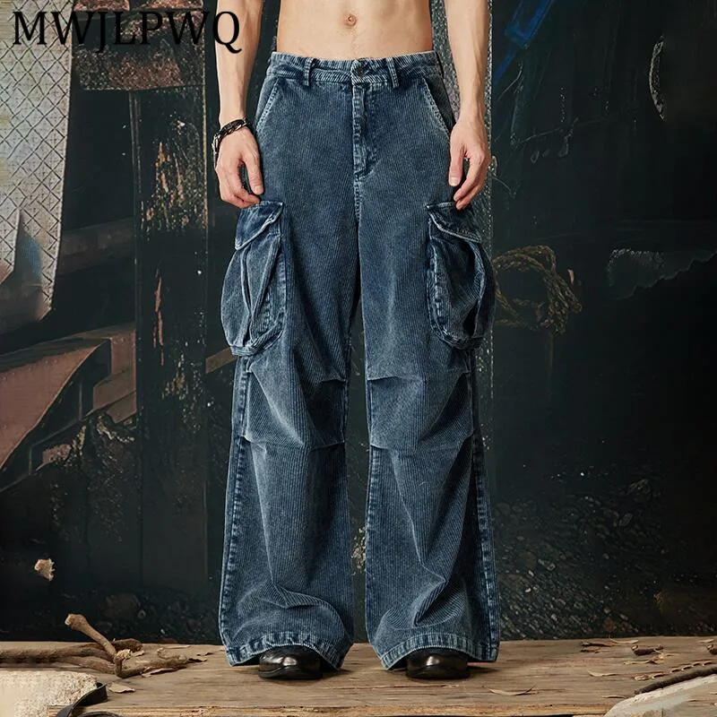 

MWJLPWQ Men's Three-Dimensional Cut Cargo Corduroy Casual Pants For Men New Multi-Pocket Washed Cotton Wide Leg Trousers 13609