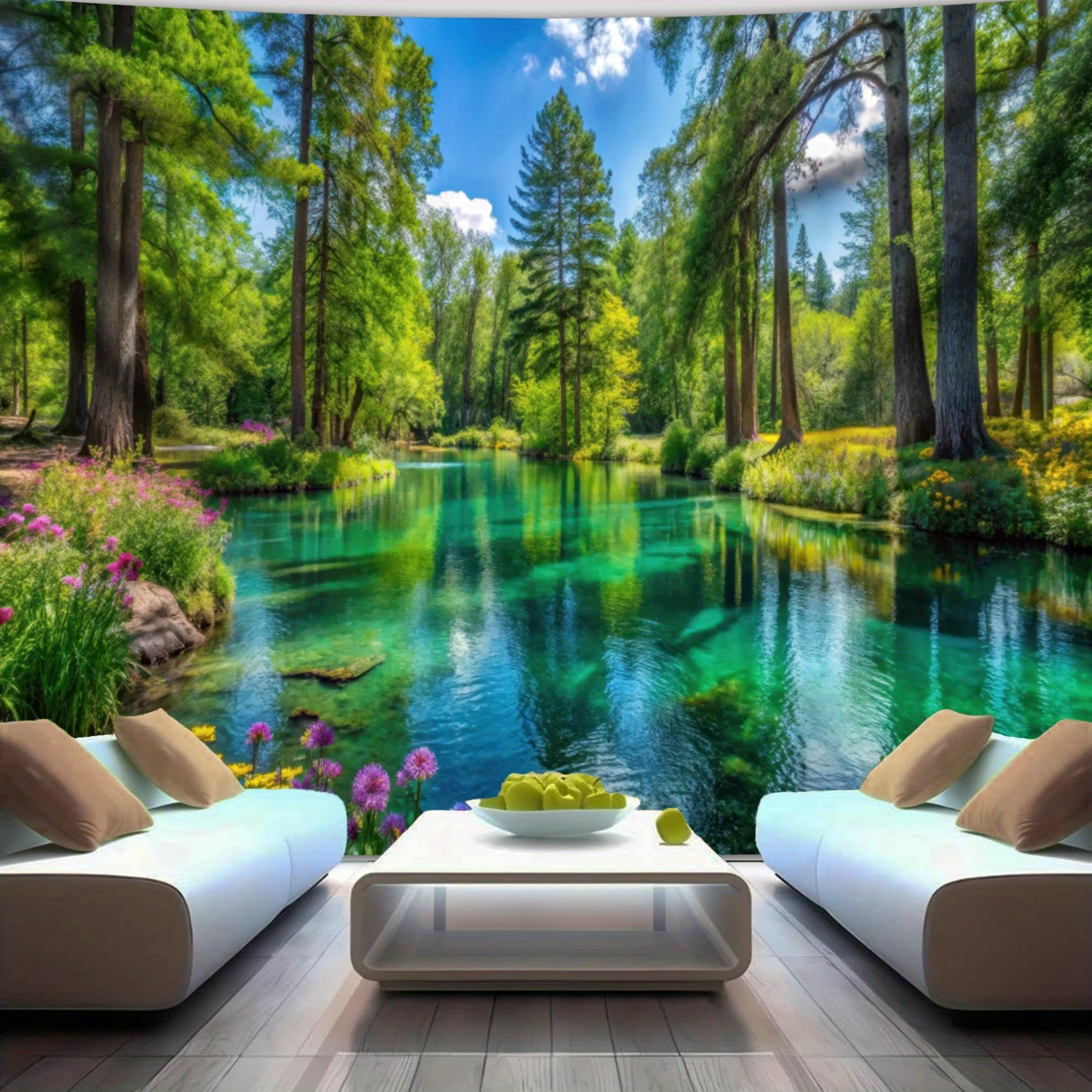 Lush Forest Stream Landscape Tapestry - Vibrant Nature Scene for Living Room or Bedroom Decor