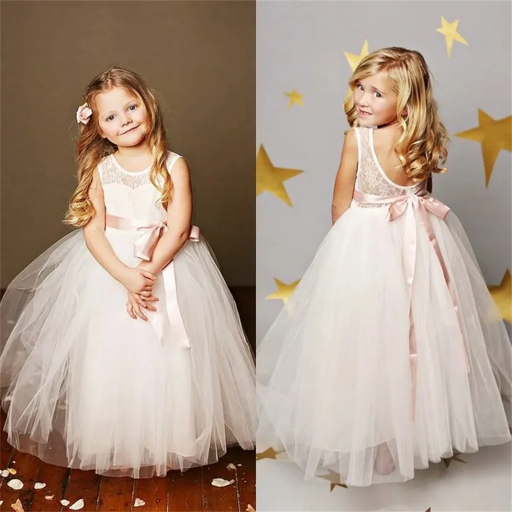 White O-Neck Sleeveless Flower Girl Dress For Wedding Princess Girls Pageant Dress Lace Appliques A-Line Tulle Kids Vestidos