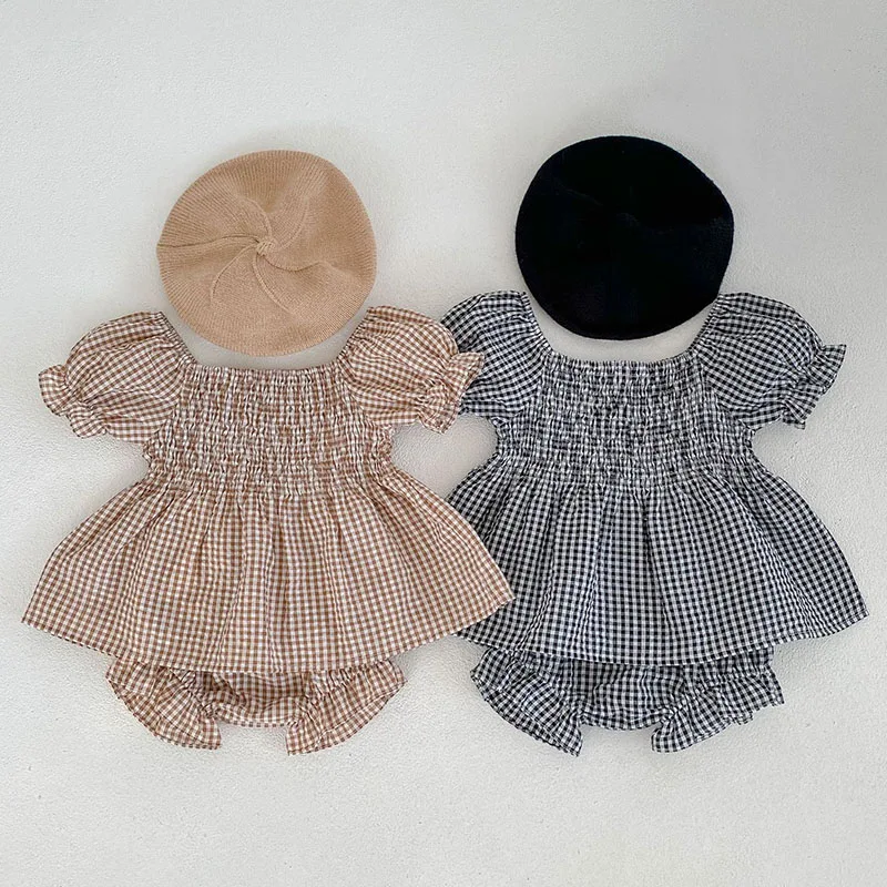 New Baby Girl Sets Summer Clothes Plaid Bubble Short Sleeve Top + Lace Lantern Shorts 2Pcs Suit Cotton Infant Clothing