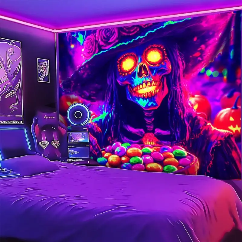 VIKAMA UV Fluorescent Neon Death Skeleton Tapestry, Colorful Psychedelic Horror Skull Wall Hanging, Aesthetic Dorm Decor