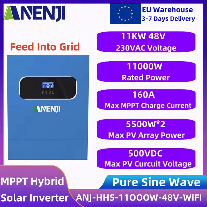 11KW Hybrid Solar Inverter 230V On/Off Grid 48V Pure Sine Wave Inverter Built-in Dual 160A MPPT Solar Charge Power Home Inversor