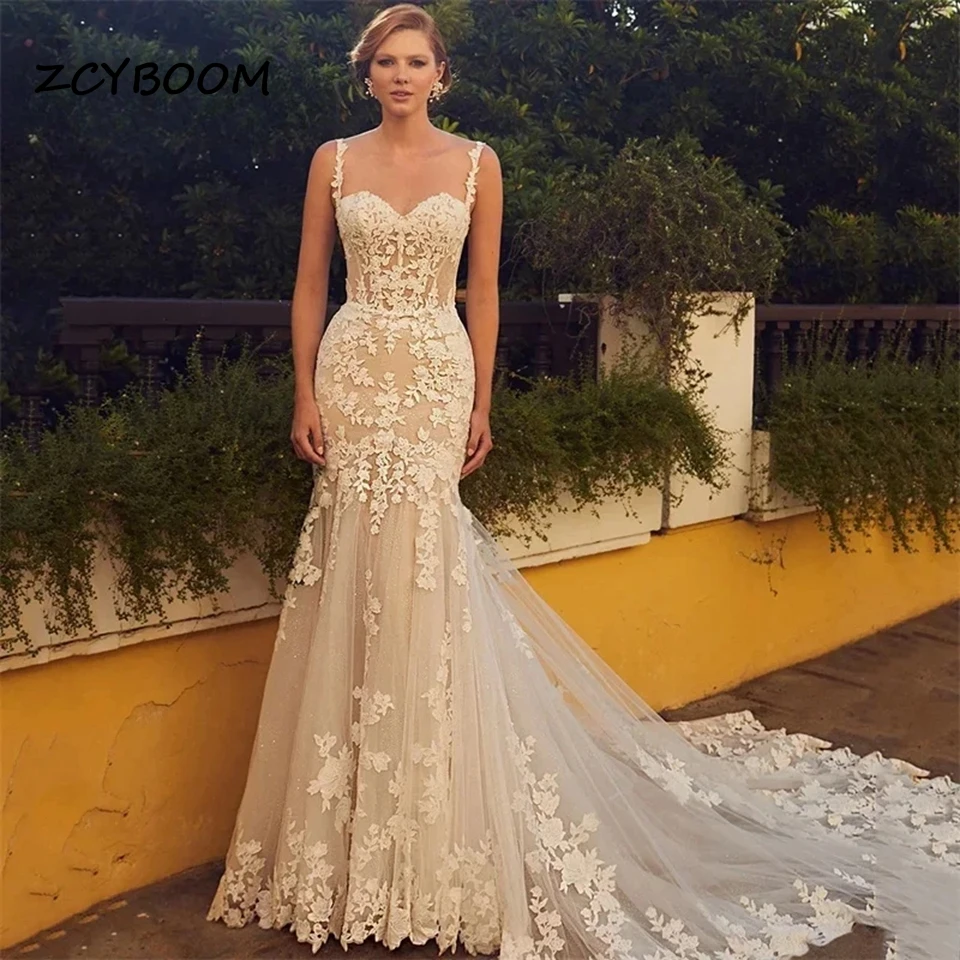 Vestidos de novia elegantes de tul con escote corazón para mujer, sirena, recortado, tren de corte, vestidos de novia para ocasiones formales, 2024