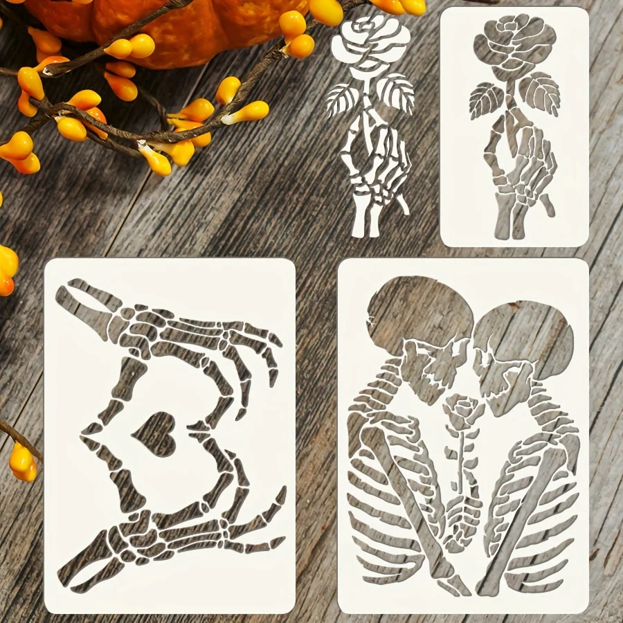 3PCS Skeleton Heart Rose Stencil Set – Reusable DIY Painting Templates for Wall Decor, Scrapbooking, Halloween Party, Gift Packa