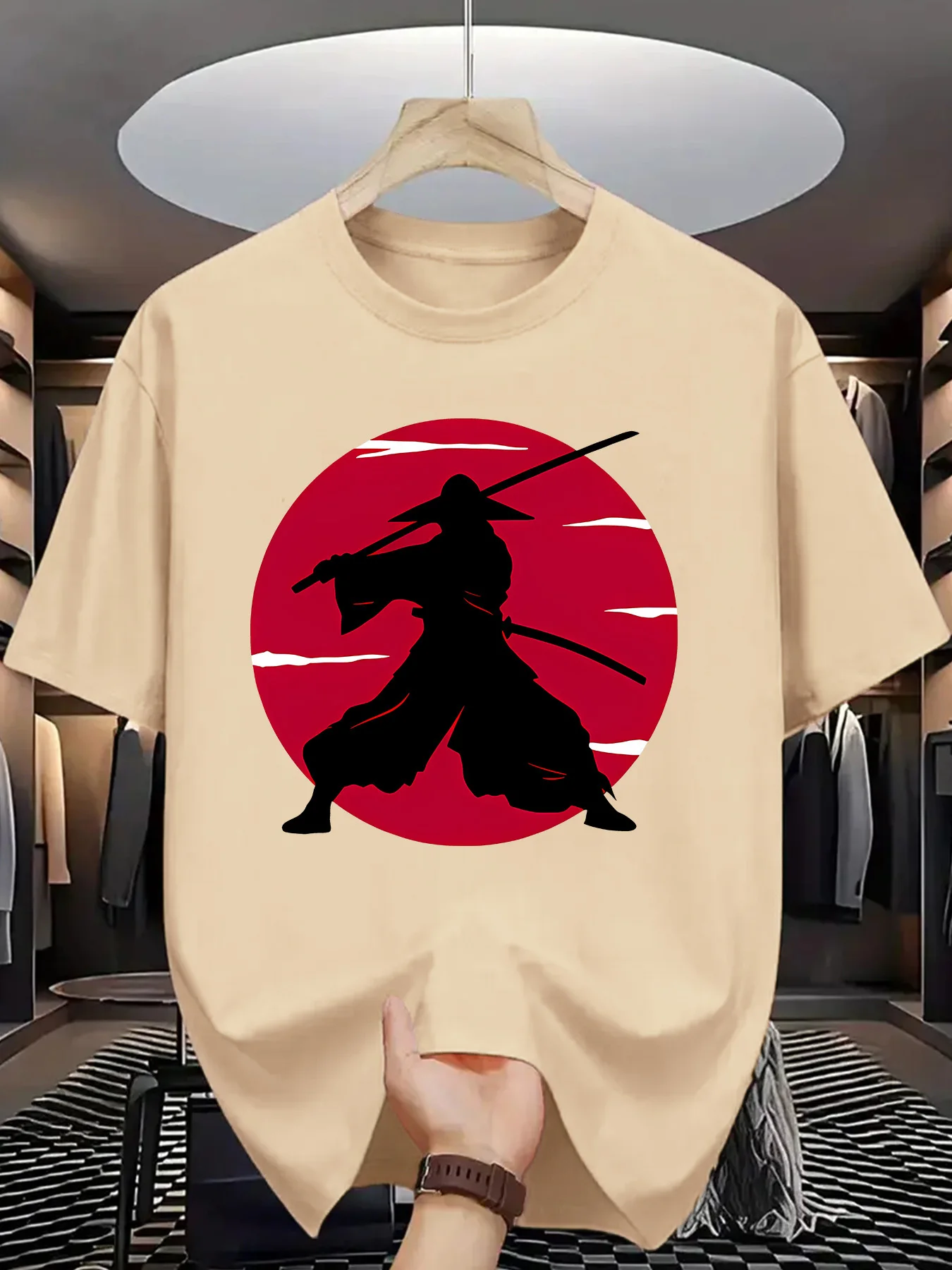 Japanese Samurai Mens Crew Neck T Shirt Ronin Warrior Red Sun Silhouette Oriental Culture Graphic Short Sleeve Casual Street Top