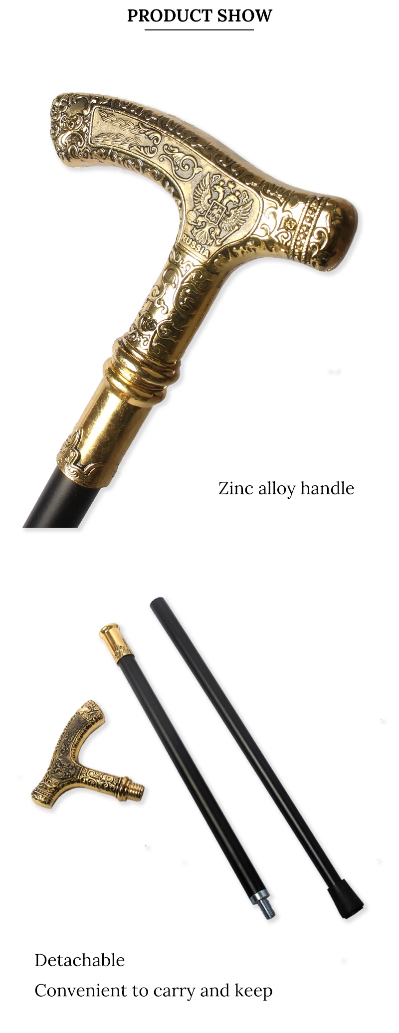 Russian Double Eagle T-Handle Walking Cane Gold & Black Detachable Vintage Style Cosplay Party Prop for Men And Women