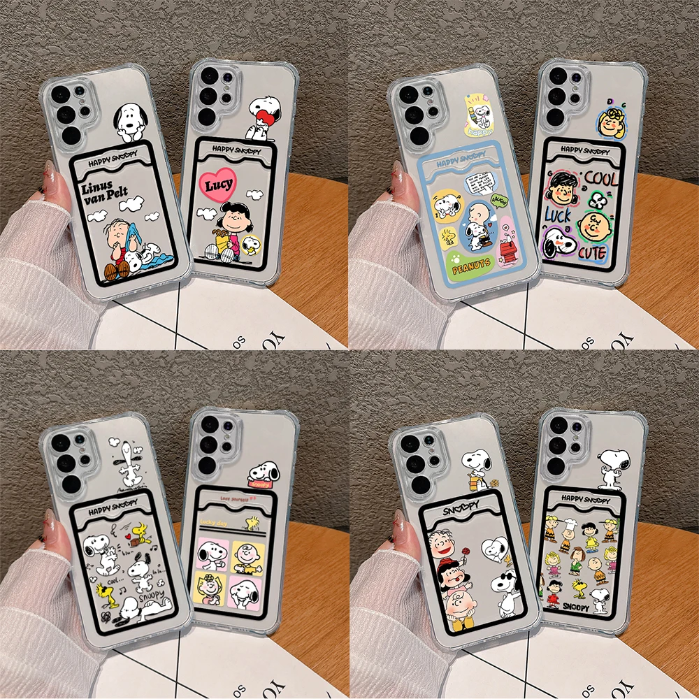 Cartoon Cute S-Snoopies Card Hold Phone Case for Samsung S24 S23 S22 S21 S20 FE Plus Ultra M33 M53 M54 5G Anti-fall Clear Cover