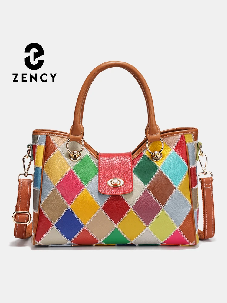 Zency Women's Genuine Leather Luxury Top-Handle Bag Luxury Bag Patchwork Crossbody Shoulder Bag Totes Designer Handbag Zip Close