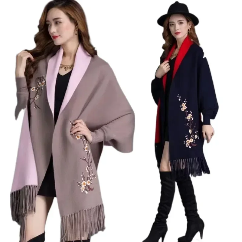 Autumn Winter Shawl Scarf Dual-use Embroidery Wool Cashmere Thick Tassel Cloak Female oversized sweater women knitted cardigan