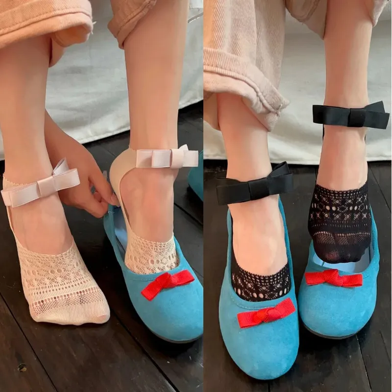 New Designer Socks Women's Summer Thin Cute Bow Lace Socks Ballet Lolita JK Mesh Fishnet Breathable Casual Invisible Short Socks