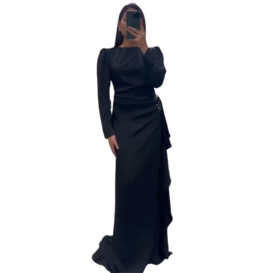 Customized Mother of the Bride Dress Black Satin Long Sleeve Ruched Waist Side Draped Detail  Evening Wear Formal Classy Events