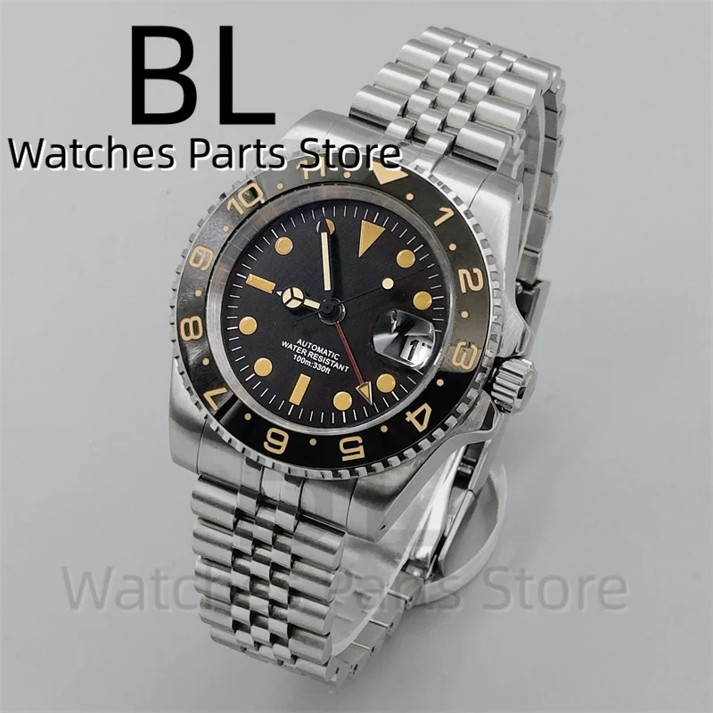 BLIGER 40mm Luxury Vintage GMT Men\'s Wristwatch Red Blue Bezel Sapphire Glass Luminous Dial 100m Waterproof Date Stainless Steel