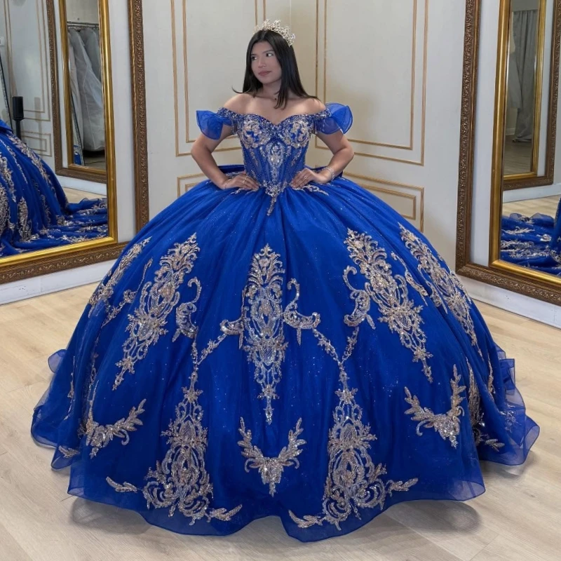 

Королевское синее блестящее платье Quinceanera, бальное платье с открытыми плечами, аппликация, кружево, бисер, кристалл, бант, тюль, корсет, вечеринка, день рождения