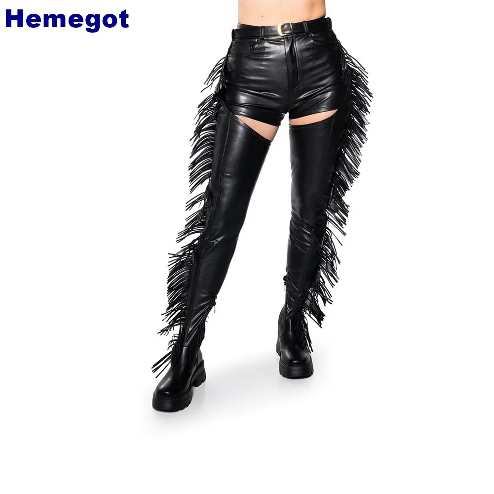 Sexy Ladies Black Fringed Waist Boots Platform Winter Catwalk Street Belt Buckle Thin High Heels Fashion Women Over Knee Shoes