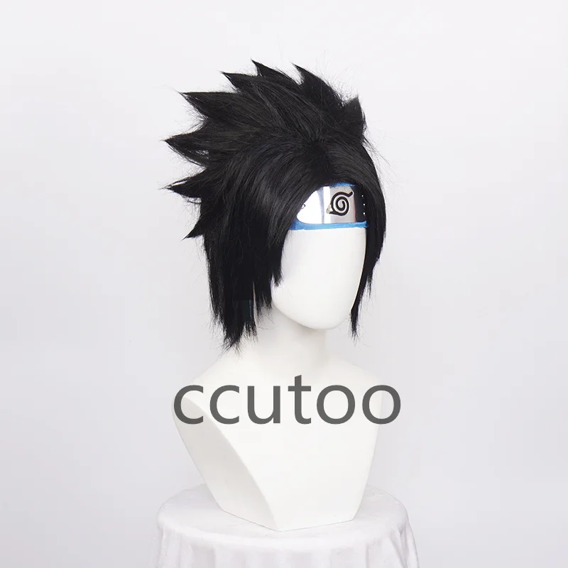 ccutoo Synthetic Black Short Wigs Uchiha Sasuke Cosplay Wigs for Men Heat Resistance with Blue headwear + wig cap