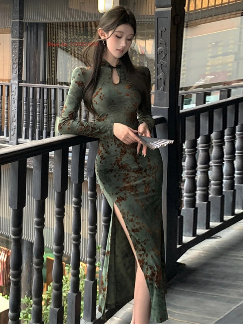 فستان سهرة صيني مثير من تشيباو مخملي شيونغسام مطبوع عليه زهور وطنية فستان شعبي تقليدي للنوادي الليلية تشيباو فيستدو #5
