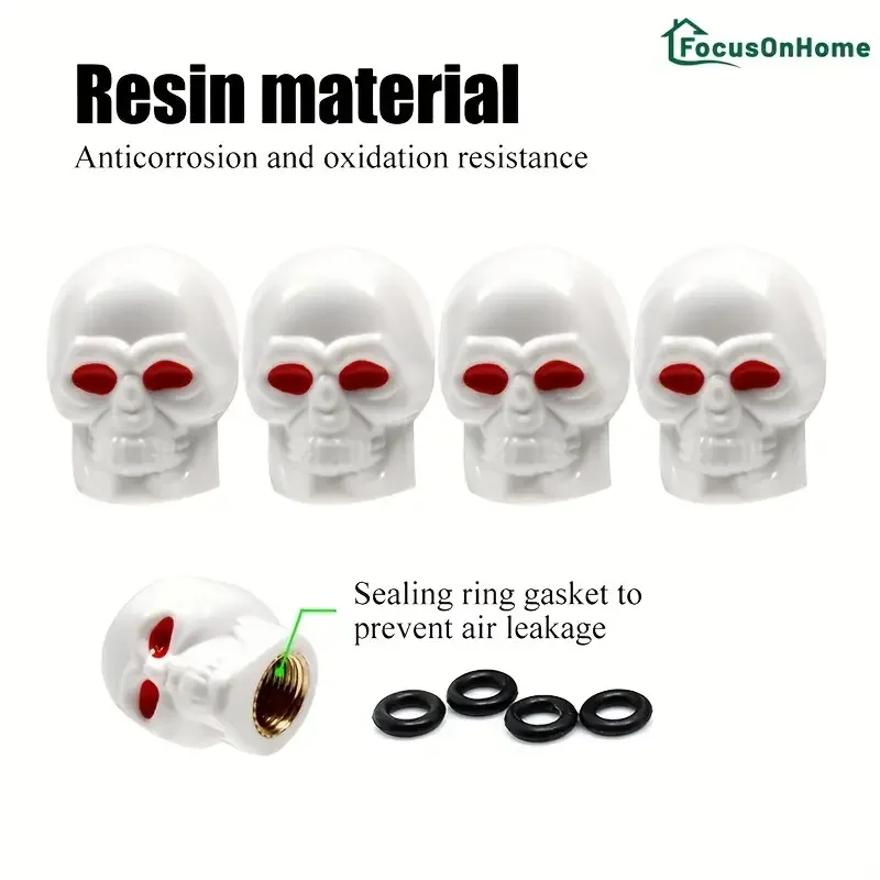 8pcs/set Skull Skeleton Head Car Motorcycle Tire Valve Cap, Plastic Copper Core Rubber Sealing Valve Cap