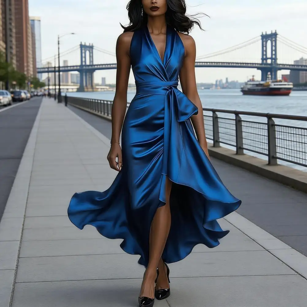 サテンフリルミディドレス レディースドレス ワイドヘムドレス レディースVネックハイロープロムガウン ホルタータイウエストカクテルパーティーウェディング
