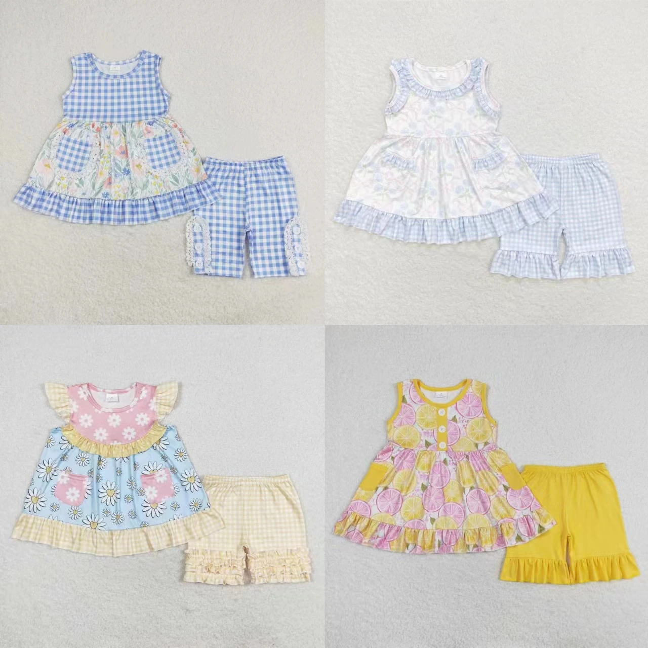 

Wholesale Baby Girl Floral Set Toddler Kids Pocket Tops Ruffle Shorts Flower Two Pieces Children Summer Infant Sleeveless Outfit