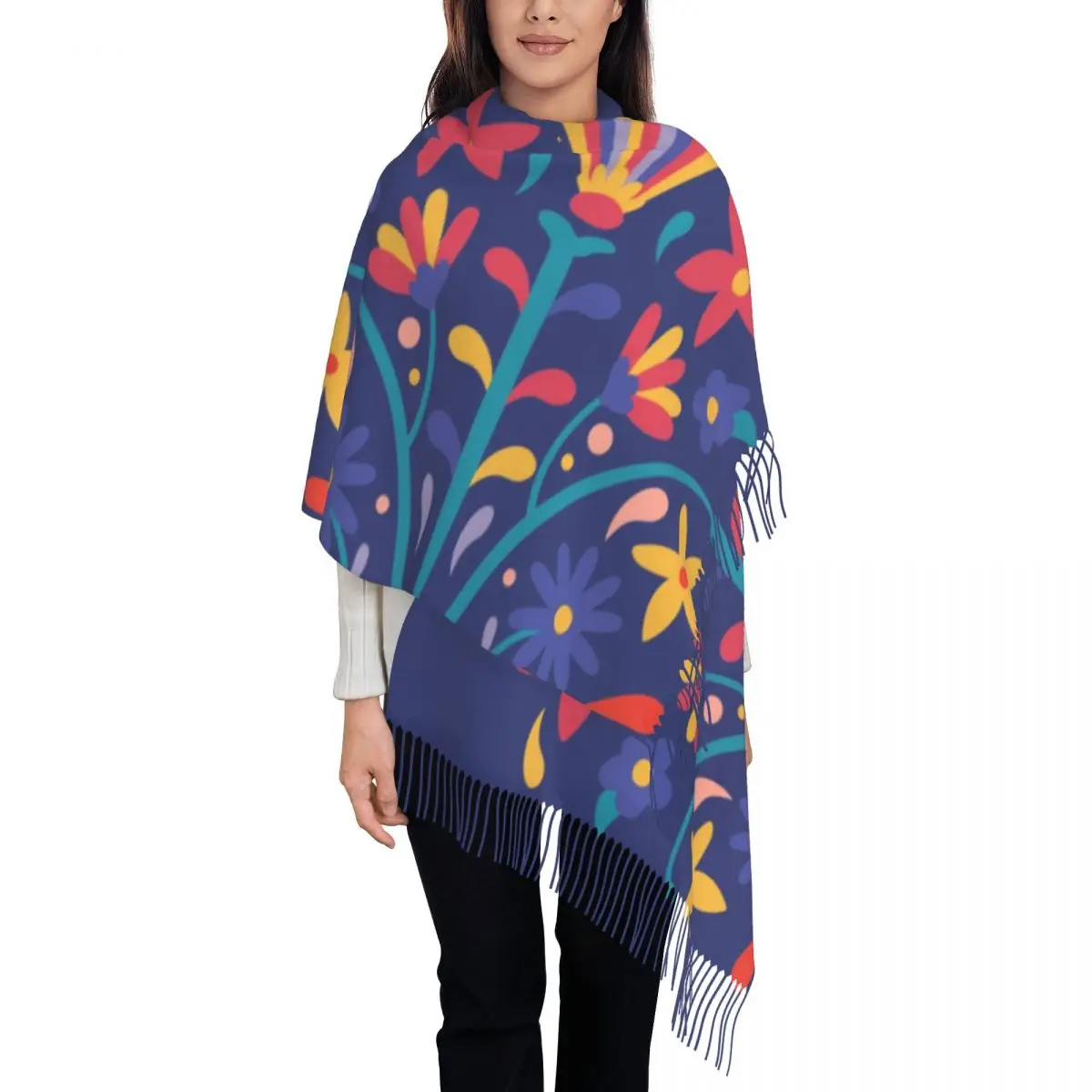 Mexican Otomi Floral Composition Art Tassel Scarf Women Soft Folk Flowers Pattern Shawl Wrap Ladies Winter Fall Scarves