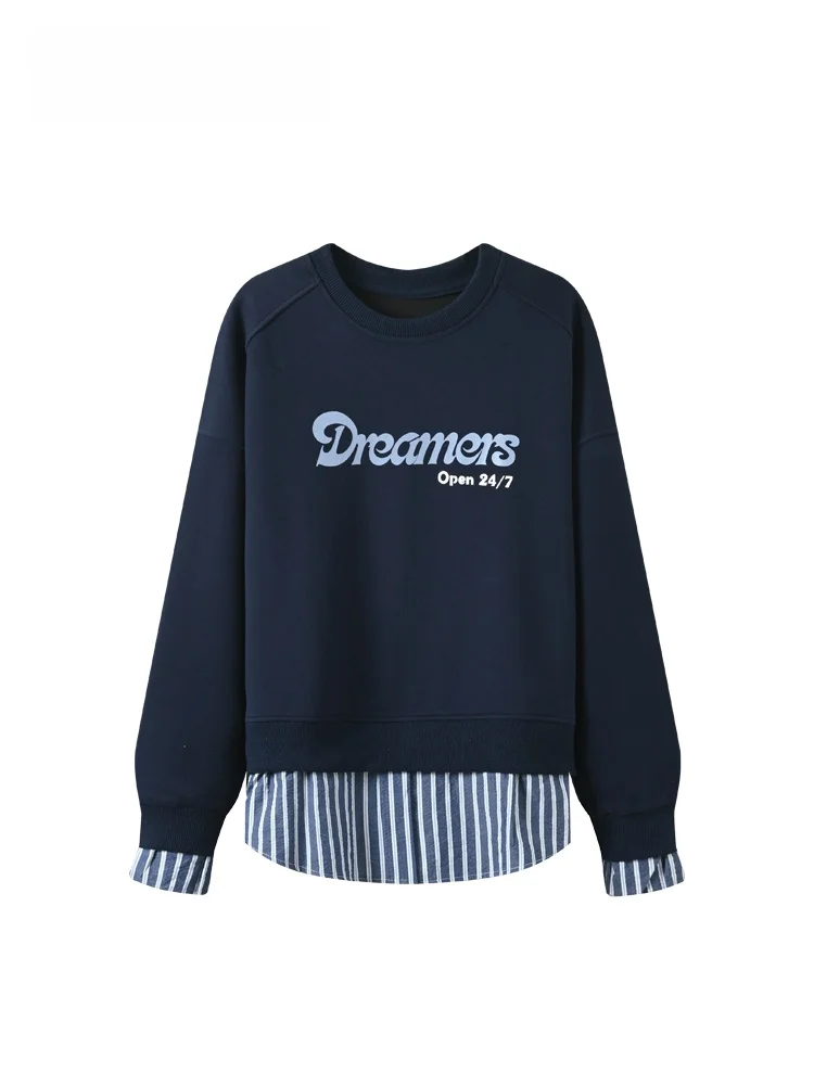 

plus Size Hoodie Women Casual round Ne Long Sve Patchwork Fake Two-Piece Top Spring Slimming Comfortable Polyester Blend