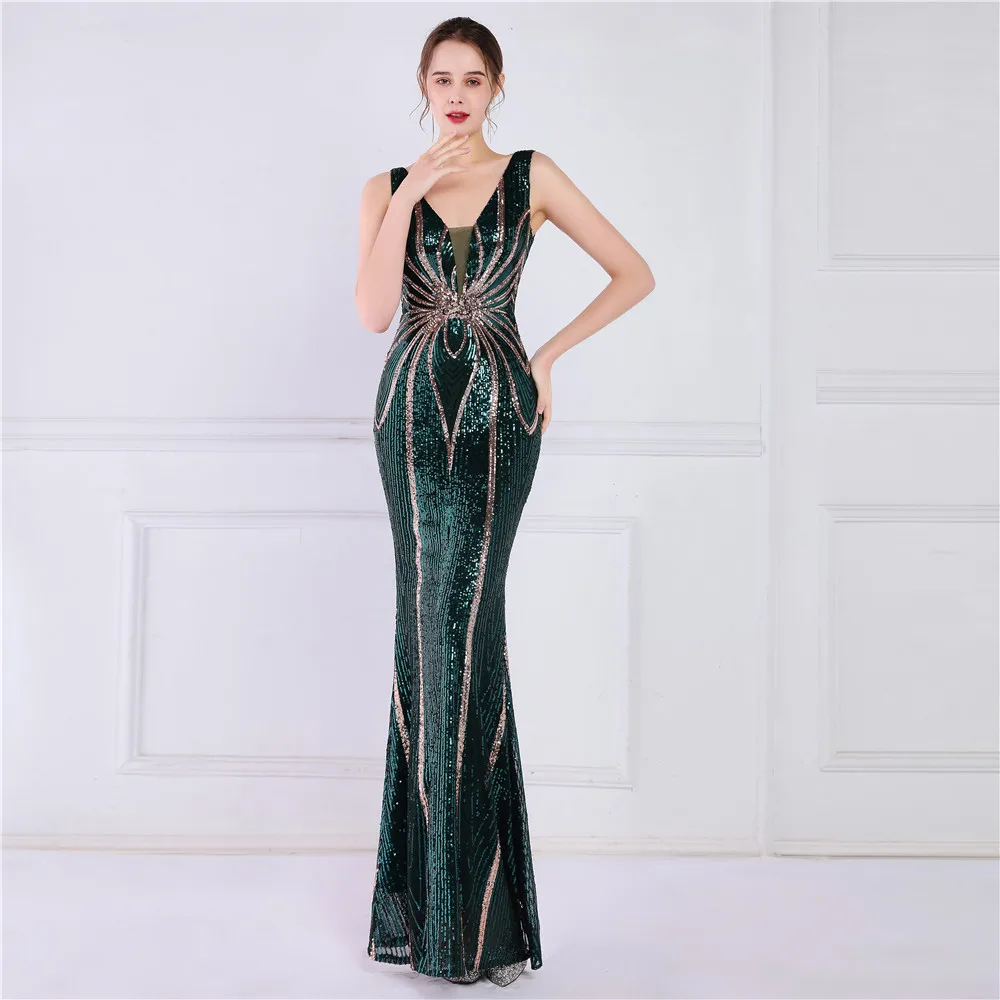 Vestido de noite formal longo brilhante de lantejoulas feminino, Decote V, até o chão, Elástico, Vestidos de festa, Verde escuro, Em estoque, 2023