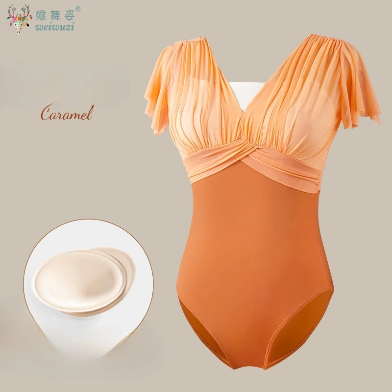 Justaucorps de Ballet pour femmes justaucorps de danse en Nylon épissé à manches courtes plis body de Ballet adulte faux justaucorps de gymnastique deux pièces