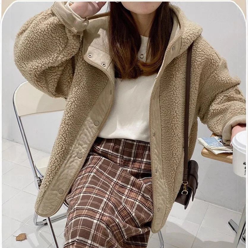 Cappotti in lana di agnello Giacche a maniche lunghe con cappuccio da donna Cappotto monopetto di media lunghezza Autunno Inverno Capispalla con punto aperto solido