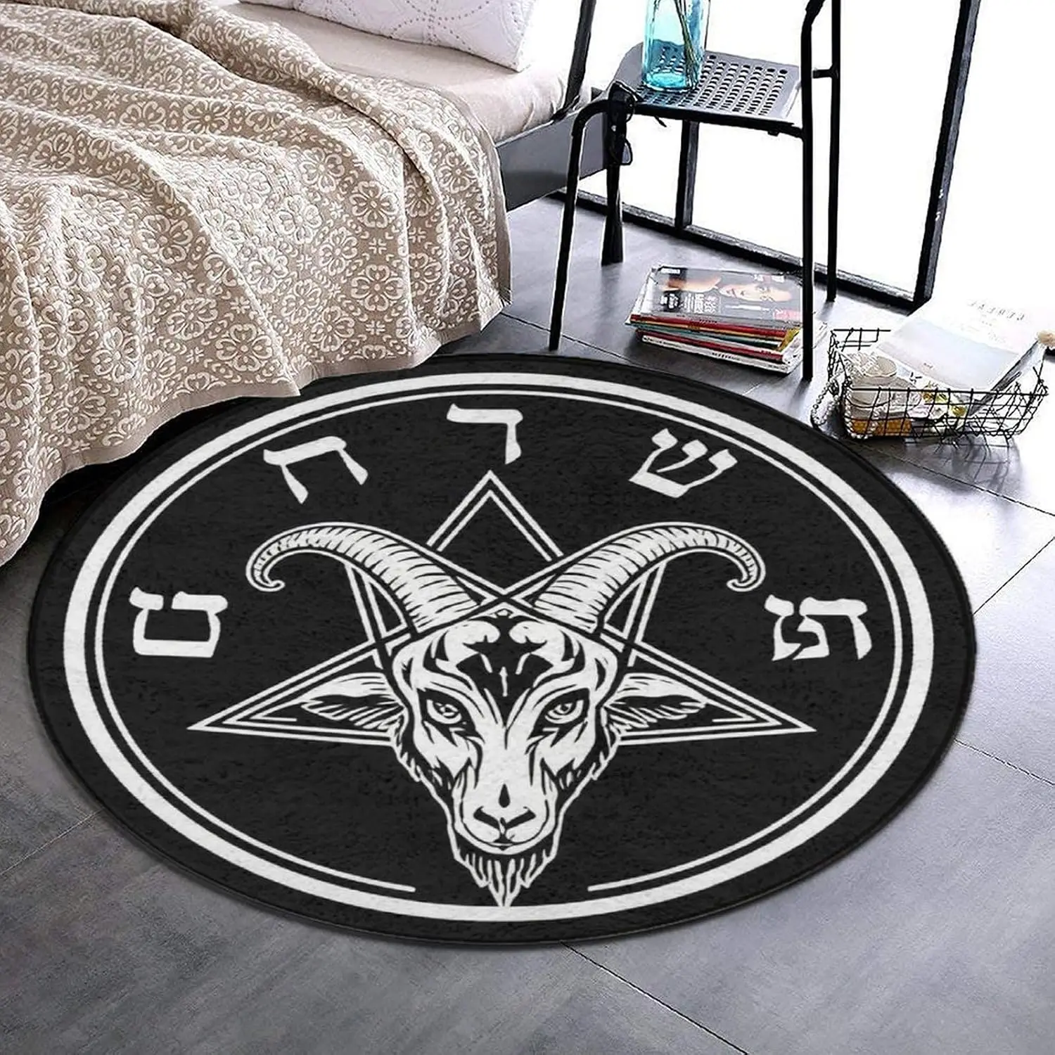 Boho Goat Head Symbol Rug Mat Coaster Polyester Round Bathroom Bath Rug Home Decor Bohemian Mystic Trendy Entryway Floor Mat Acc