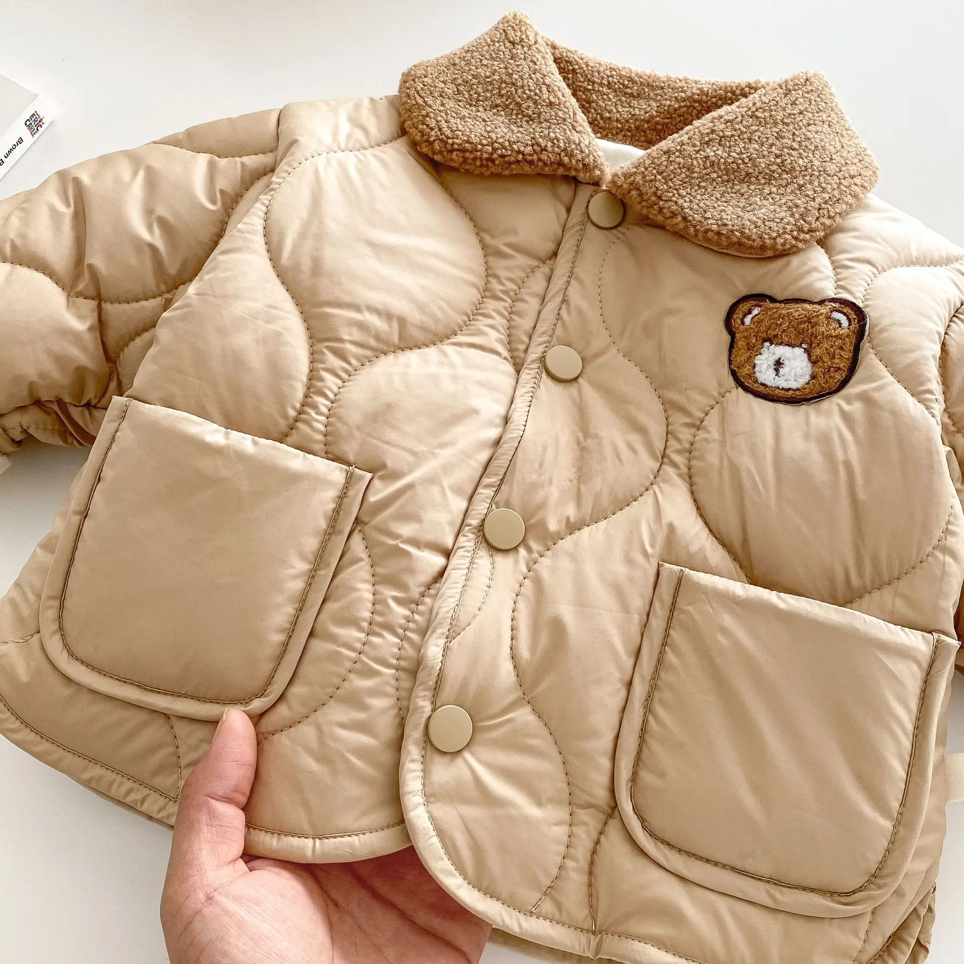 2024 Winter New in Kids Baby Boys Girls Thicken Plush Warm Cartoon Bear Patch Top Outwear, Children Padded Jacket 0-5Y