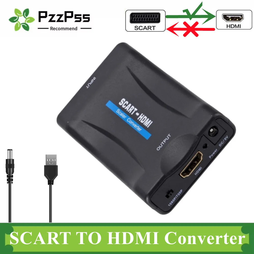 1080P SCART To HDMI-Compatible Video Audio Upscale Converter Adapter for HD TV DVD for Sky Box STB Plug and Play DC Cable