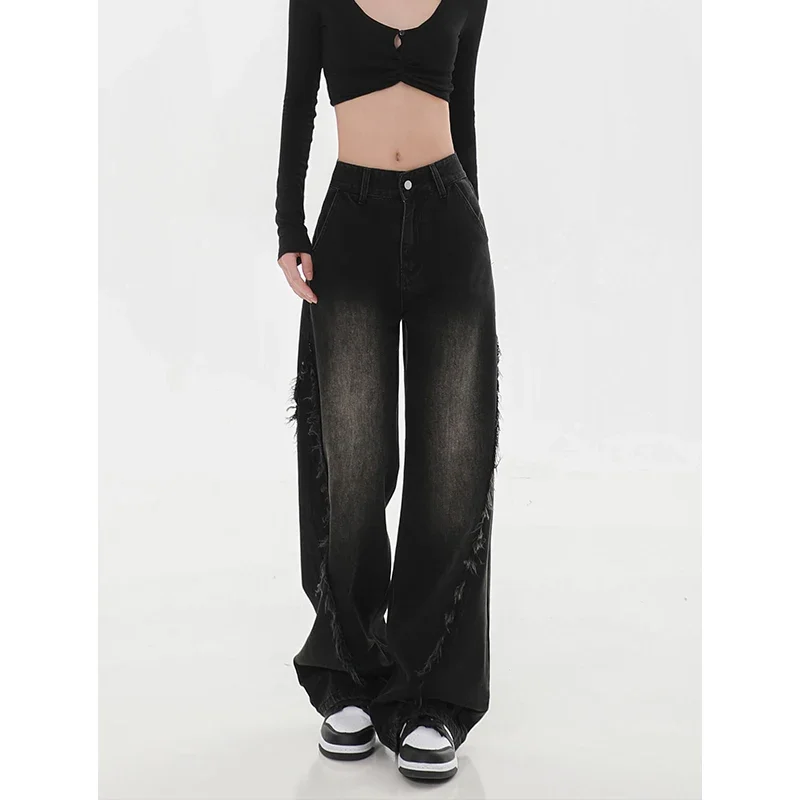 

HarajukuRetro High Waist Baggy Black Tassels Jeans Pants Women Casual Loose Y2K Wide Leg Streetwear Oversized Denim Trouser