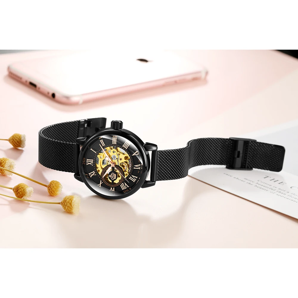 ORKINA Fashion Black Women Mechanical Wristwatches New Creative Automatic Bracelet Mesh Strap Luxury Ladies Watches Reloj Mujer