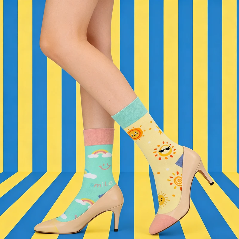 1 Paar lustige Damen-Socken mit Sonnen- und Regenbogenmuster, jugendliche, vielseitige Freizeitsocken