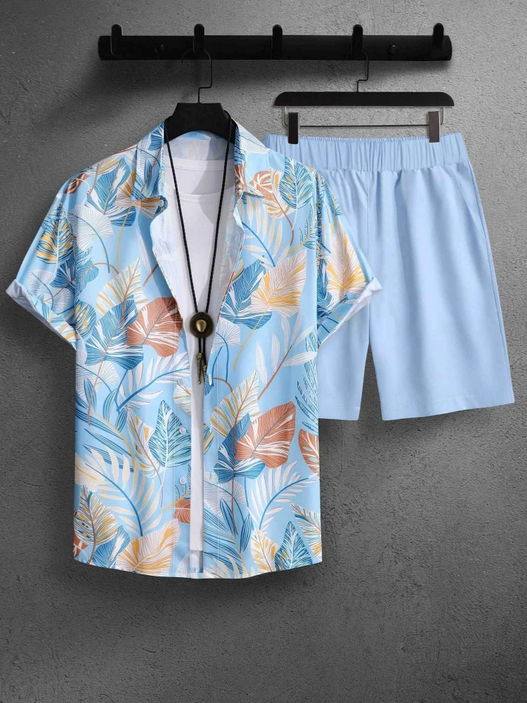 

Men's Palm Leaf Print Shirt Set Stylish Casual Short-Sleeve Shirt and Shorts Set Men's Fashionable Vacation Two-Piece Set
