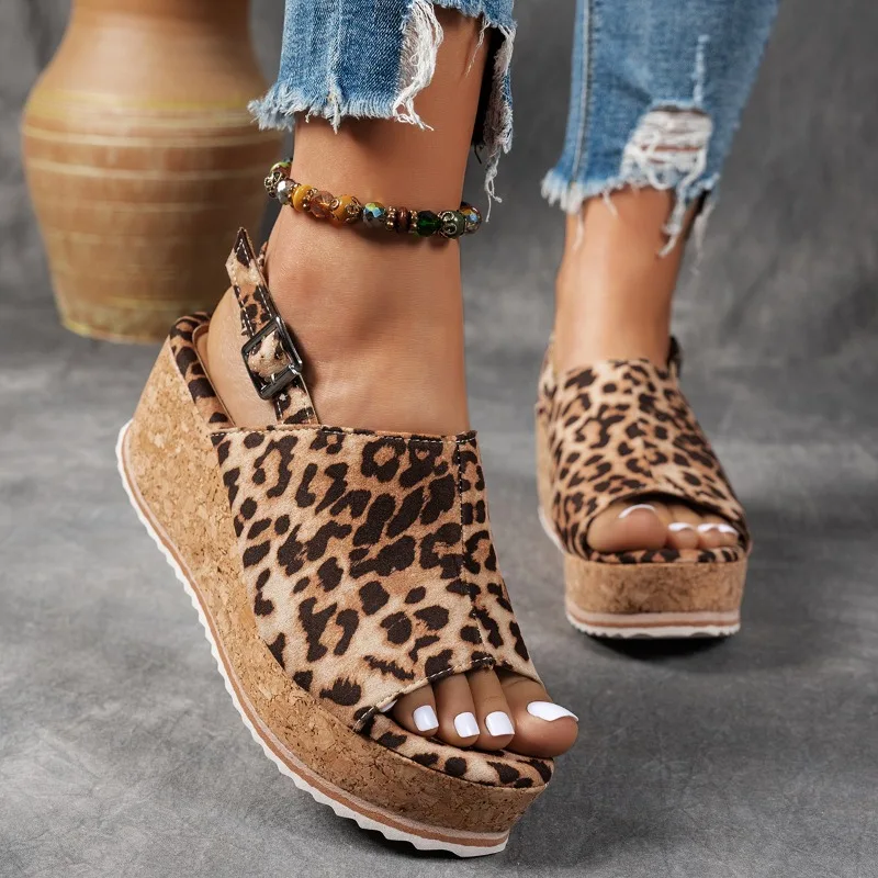 

Leopard Print Women Wedges Platform Sandals Retro High Heels Beach Women Shoes Summer 2025 Sexy Dress Large Size 36-43 Shoes