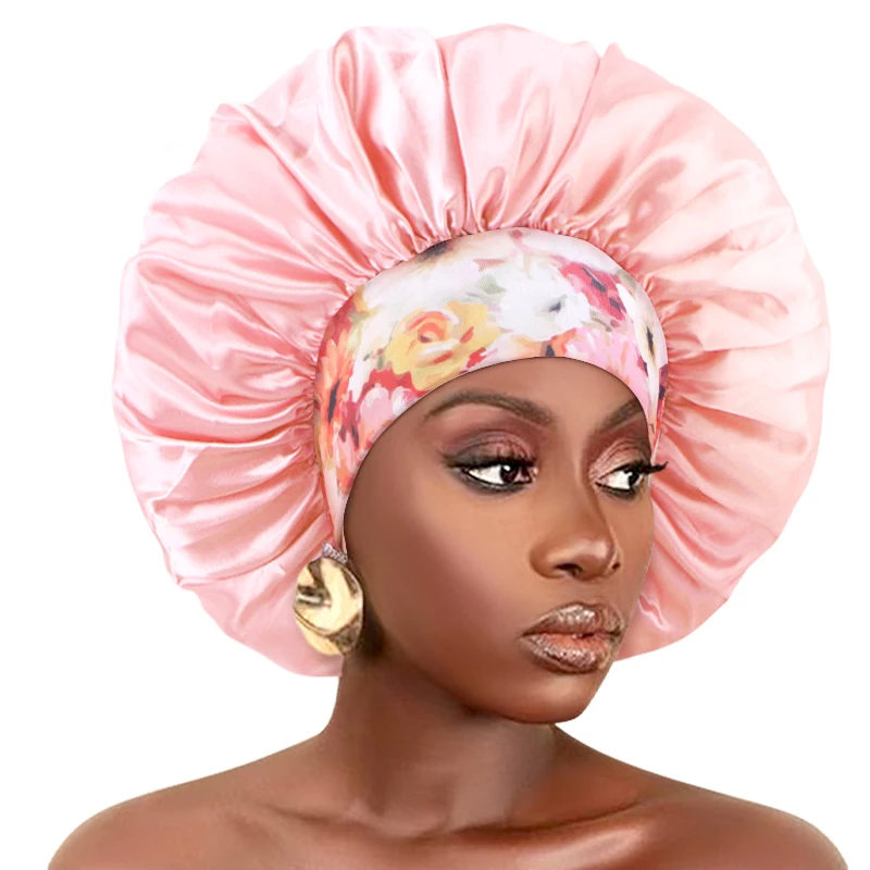 Damen Haube aus seidigem Satin für dickes Haar, Schlafhaube mit elastischem Band, afrikanische Kopfbedeckung, Blumen-Turban, Chemio-Kappen – Detail 15