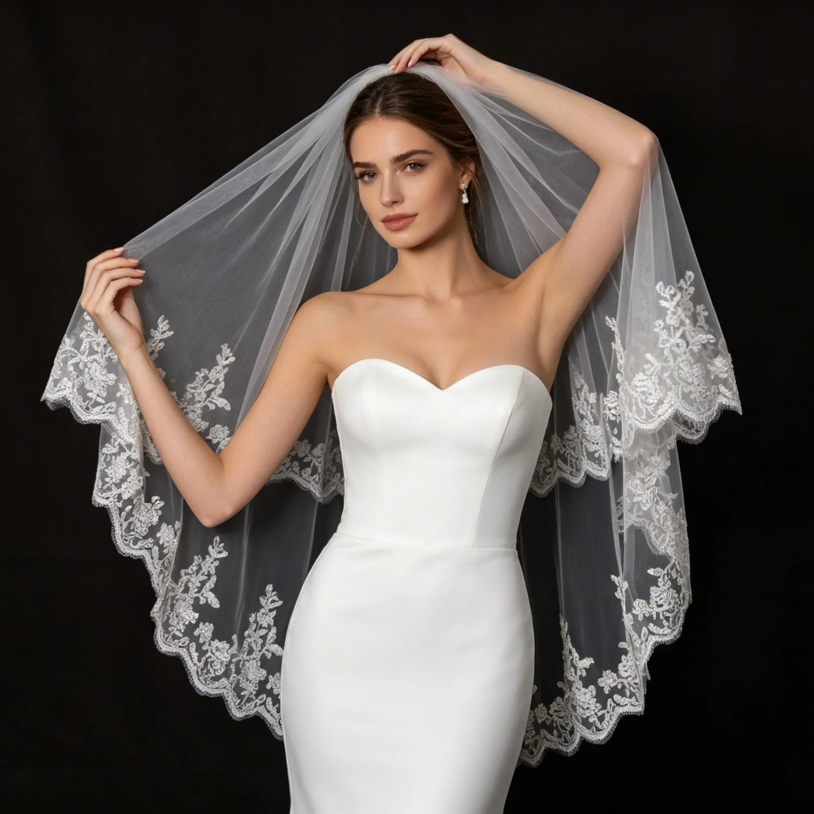 Wedding Veil 2 Tier Floral Embroidered Lace Scalloped Edge Blusher Fingertip Tulle Veil with Comb for Bride (White/Ivory) G199