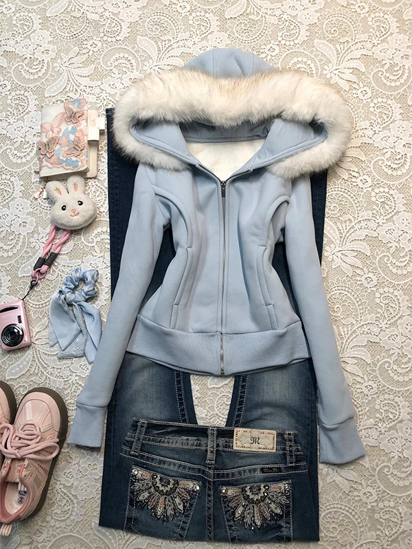 

Blue Fur Collar Hoodie Jacket Women's Slim Fit Vintage Style Cotton Blend Short Outerwear for Autumn And Winter