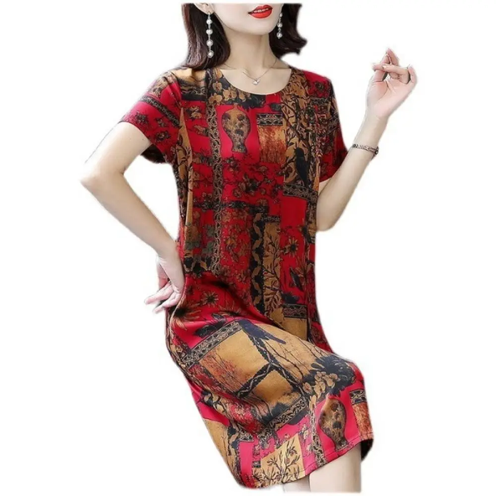Vintage Floral Print Dress Summer Women Casual Short Sleeve Midi Clothing Soft Breathable Loose Fit Comfortable Mother Wear