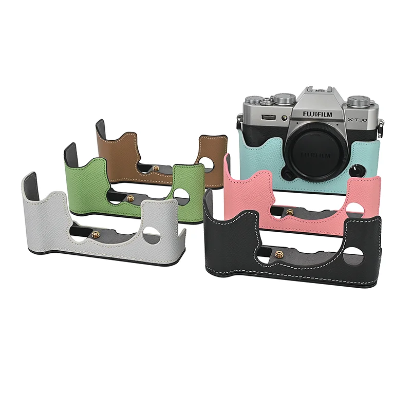 Alloy Plate Genuine Leather Camera Bag Case Half Body Base for Fujifilm X-T30 XT30 XT30II Camera Protective Opening Bottom Cover