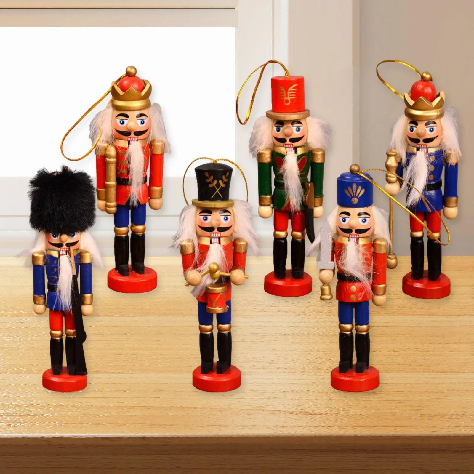 6Pcs Christmas Nutcracker Hanging Ornament Fine Workmanship for Festival Party Decor Multifunctional Sturdy 12.5x4cm Wood Doll