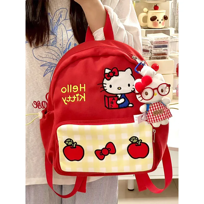 

Женский милый рюкзак Sanrio Hello Kitty с мультяшным принтом, в клетку, с принтом яблок, для школы и повседневного использования